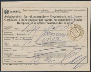 1910 Oostenrijkse Levant, ontvangstbewijs voor een aangetekende brief verzonden vanuit Mersina (Turkije) naar Piraeus (Griekenland) via de Oostenrijkse Post, uitstekende kwaliteit en zeldzaam, zm