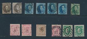 Enkele mooie afstempelingen op N° 14 (P.174, D.2) en 15 (4 ex., w.o. P.88), N° 9 (slechte kwaliteit), N° 18 (Pt. 82 en Pt.229), N° 19 (Pt. 387), N° 46 (Fontaine-l'Évêque) en N° 30 (2 ex.), zm/m