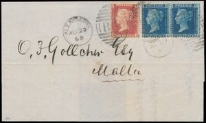 1868 Britse postkantoren in Alexandrië, N° Z4 + Z5 (S.G.) brief naar Malta verzonden via het Britse postkantoor in Alexandrië en gefrankeerd met een 1d rode plaat 78 en een paar 2d blauwe plaat 9, allemaal voorzien van 