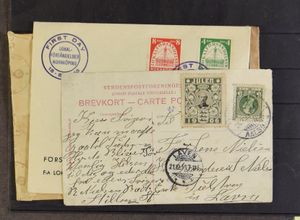 Zeer gevarieerd geheel met o.a. Neudrücke Denemarken en W.O. I, IJsland Jul Valk volledig vel en losse ex. misperforaties, spoorweg, poststukken, Groenland Pakke Porto nadrukken, 2 catalogi Andreasen of Lachmann vignetten, alles los in albumkaft, zm/m/ntz