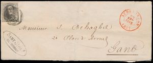 1857 N° 6, plaat V, 20 februari 1857, eerste gekende datum van gebruik, op brief van P.9-Audenaerde, dd. 20 februari 1857, naar Gand, ex. Yves Vertommen, uniek, zm 