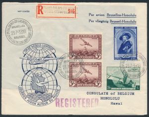 1938 Om de wereld luchtpost, aangetekende brief van Brussel met Stempel van Salon voor luchtvaart 23-7-39 naar Belgische consulaat te Honolulu - Hawaï, zm