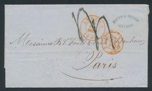1853 Voorloper met inhoud vanuit Anvers, dd. 27 avril 1853, naar Paris (Frankrijk), port 4 deciemen (tweemaal vermeld), zm