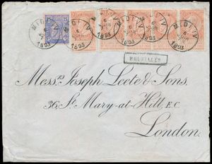 1893 N° 57 (5x) en 48 op briefomslag, vanuit Bruxelles (naamstempel zwart), met afstempeling MIDI IV, dd. 6 juni 1893, naar Londen (Engeland), weinig gekende exemplaren van deze afstempeling 