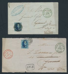 1850 N° 4, 2 ex. op groot brieffragment, eentje volrandig, andere nipt ingesneden, dd. 1 november 1850 en dd. 17 october 1850, beide voorgestuurd naar 
