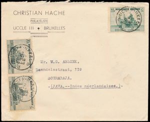 1938 N° 472 en 473 (2x), op briefomslag (Hoofding Christian Hache Philatéliste Uccle III - Bruxelles), dd. 2 Juni 1938 (tweede dag van uitgifte), naar Soerabaja in Java (Indes Néerlandaises), zm