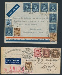 N° 341 Kleine verzameling van 7 brieven, alle met n° 341, tezamen met andere zegels, airmail, waardebrief, buitenlandse bestemmingen zoals Aalborg (Denemarken), Bogota (Columbia), Buenos Aires (Argentinië), Belgisch-Congo, Lima (Peru), Casablanca (Marokko) en Duitsland, zeer leuke samenstelling van buitenlandse bestemmingen, zm/m/ntz