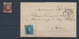 1864 N° 15 op brief met inhoud, afstempeling Pt.233-Mechelen, dd. 26 december 64 naar Strépy-Bracquegnies, n° 16, 