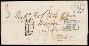 1863 pre-filatelistische complete gevouwen brief van SUEZ naar Livorno, Italië, verzonden via het Franse postkantoor en met een afdruk van de zeldzame 