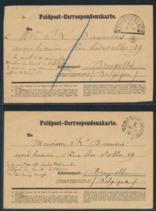 1870 Feldpost-Correspondenzkarte, twee ex. beiden, eentje met vertrekplaats Ars-sur-Moselle (Frankrijk, bij Metz), en met ontvangst-afstempeling Bruxelles 14 en 15 october 1870, twee verschillende feldpoststempels, zm