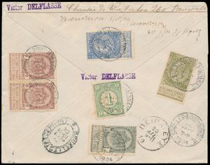 1904 N° 53, 55, 59 en 60 op aangetekende briefomslag, vanuit St.-Gilles Belles Monaie (zegels alle op achterzijde), dd.augustus 1904, naar Volo (Griekenland), bijkomende zegel van Nederland Yv. 31 
