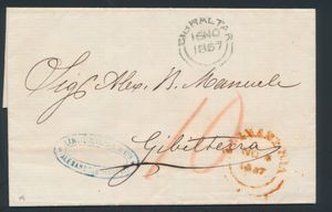 1857 pre-filatelistische gevouwen brief (compleet, in het Italiaans) verzonden vanuit Alexandrië naar GIBRALTAR, met Brits vertrek poststempel in rood op de voorzijde en Gibraltar aankomst poststempel eveneens op de voorzijde, een zeer zeldzame bestemming, zm
