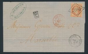 1869 N° 31 (Yv.) omslag verzonden naar Marseille, Frankrijk via het Franse postkantoor in Alexandrië en voorzien van een oranje 40c met gekroonde Napoleon, gestempeld met een prachtige afdruk van de 