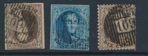 N° 10/11 en 14, volrandig, de tanding heeft enkele afgeknotte tanden, alle met afstempeling D.109-Meulebeke, zm/m (COBA €90)