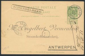 Klassiek, nr. 27, met afstempeling Grammont (T1L-stempel), met mooie zwarte stempel in kader van 'Schendelbeke', naar Antwerpen, zm