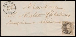 1861 N° 10A, plaat VIII, volrandig zegel op brief, vanuit P.43-Fosses, dd. 12 maart 1861, naar Namur, positie 20, ex. Yves Vertommen, zm