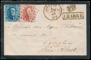 1865 N° 15B en 16B, op brief, vanuit Pt.12-Anvers, dd. 3 october 1865, naar Gyseghem, 