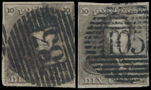 1849 N° 1/10, enkele mooi volrandig, + 20 zegels,  en strip van 3 (N° 8),  met o.a. Balasse variëteit 1 op N° 8 (verlengde kaderlijn), meerdere zegels hebben heel duidelijke griffen en kleurnuances,  zm 