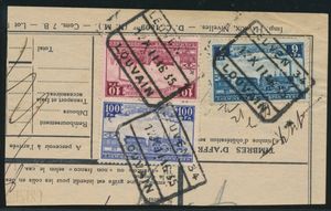 1916 TR 195, TR 196 en TR 201, op fragment, afgestempeld tweetalig Leuven-Louvain, dd. 12 december 1916, zm 