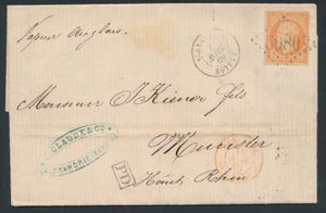 1869 N° 23 (Yv.), brief uit Alexandrië naar Munster, Frankrijk, voorzien van een geperforeerde Napoleon III-zegel van 40 centime in oranje, gestempeld met een grootcijferige stempel 