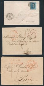 Voorlopers, 2 ex. vanuit Antwerpen, naar Parijs (Frankrijk) en Ems (Duitsland), meerdere portaanduidingen, rode stempel 