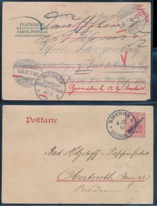 1906 Geïllustreerde kaart van Gernsbach naar Windhuk, teruggestuurd naar Gernsbach (ontvangst 1907), tevens briefkaart van Smyrna naar Baden 1910, zm