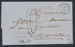 1853 complete pre-filatelistische gevouwen brief van Caïro naar Marseille, Frankrijk, voorzien van het ovale 