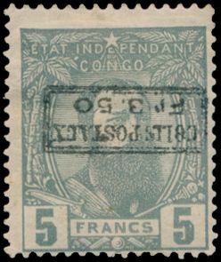 CP 5-Cu 1 “5fr. gray” with inverted overprint “COLIS POSTAUX FR. 3.50” in black, in fine condition, photocertificate by Luc Vander Marcken, vf (OBP €500)