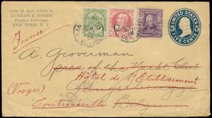 1908 Postwaardestuk met gemengde frankering (USA en België), PWST USA Blauwe 5 cents, bijfrankering Yv. 146, 