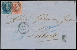 1863 N° 15 en 16, regelmatig getand, op brief zonder inhoud, vanuit P.24-Bruxelles (10-balken), dd. 24 juni 1863, naar Lubeck (Duitsland), 