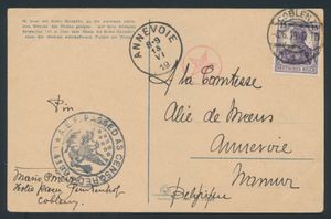 1919 Postkaart Coblenz, afstempeling dd. 8 juni 1919, naar Annevoie, aankomst op 15 juni 1919. Rode sterstempel van de Franse censuur, met betekenis gepasseerd via de Franse censuur maar niet nagekeken op de inhoud. Engelse censuur met dubbelringstempel : 