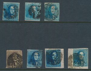 Lotje epauletten, N° 1, 1 ex. en N° 2/2A, 6 ex. waarvan 2 op fragment, tweede keuze, met mooie kleurnuances, m/ntz