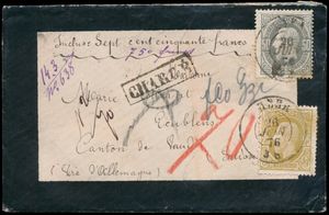 1876 N° 32 en 35, waardebrief van 750 frank, verstuurd vanuit Heer, dd. 26/06/76, naar Ecublens (Zwitserland), achterzijde zwarte 5 lakzegels, route via Duitsland (Manuscript 