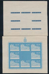 1944 N° 157 (Mi.), Oorlogsslachtoffers-uitgifte 32k + 16k waarde, lot van twee progressieve proefdrukken in de uitgegeven kleuren, de ene met de achtergrond in lichtblauw en de andere met het opschrift onderaan in donkerblauw, beide in kleine vellen van 3 x 3 postzegels (die met de achtergrond ook met opdruk in de randen) en beide met originele gom, MNH ** (die met de achtergrond heeft wat papierresten op de achterzijde), in zeer goede staat en zeldzaam, zm/m