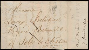 1812 Voorloper met inhoud vanuit Paris (Frankrijk), dd. 3 febr. 1812 naar Solre le Château, foutief behandeld in Enghien. De postbediende gebruikte de vertrekstempel Herlant 15, 
