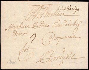 1704 Voorloper vanuit Brugge (Herlant 2, type 1), dd. 15 februari 1704, naar Brussel, 
port 3, zm