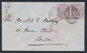 1881 N° 170 (S.G.), brief van Doncaster naar Londen gefrankeerd met twee losse postzegels van de QV 1d lila met 14 stippen in elke hoek, voorzien van een opvallend dubbel afstempeling bij vertrek, aankomststempel op de achterzijde, een brief met een zeer nette uitstraling, zm