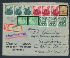 1934 Incoming mail, registered letter from Dresden on 16 November 1934 to Usumbura, impressive postage using an ambulantory cancellation and a transit mark through Dar es Salaam on 5 November 1934, vf