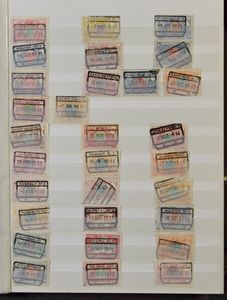 1879/1968 Verzameling diverse stempels in insteekboek, w.o. kleine rechthoek, klein rondstempels, Nord Belge, rondstempels, zeshoek, Moustache, langstempels, zm/m