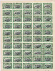 Nos. 54 and 55, “5c. green” and “10c. carmine,” in complete sheets, the “5c.” is without gum; combination IV + D.2 for the “5c.” and III 2 + A7 for the “10c.”, in very good condition, perforation 14, vf
