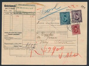 1933 N° 136, 145 en 146 (Scott), pakketkaart van Attarin, Alexandrië naar Vevey, Zwitserland, voorzien van een driekleurige frankering bestaande uit 10m, 50m en 100m definitieve postzegels, allemaal gestempeld met één enkel poststempel, Zwitsers douanebewijs op de voorzijde, zm