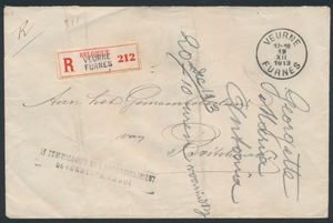 1913 Aangetekende zending zonder frankering, vanuit Veurne/Furnes, dd. 19 december 1913 (stempel 