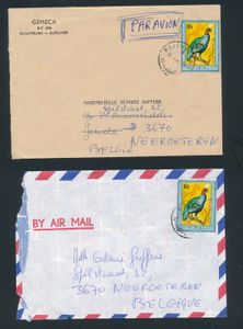 1990 No. 838K (2x) “45fr. birds” with blue-green metal frame on 2 letters from Bujumbura dated 9/30/90 to Neeroeteren, rare, vf