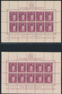 1943 Generalgouvernement, N° 104 Kb (Mi.), 400e sterfdag van Nicolaus Copernicus 1 + 1zl velletje van 10 postzegels, complete reeks van de 8 uitgegeven vellen elk genummerd in de ondermarge tussen I/1 - I/4 en II/1 - II/4, alle MNH ** volledige originele gom, ongebruikelijk als 