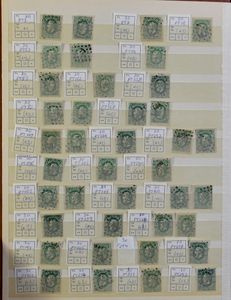 1869/19776 Interessante stempelverzameling in insteekboek, w.o. n° 30, Pellens, Albert I, 5 franken, 1° Orval (2x), Kastelen, Elisabeth (2x), infanterie, Sanatorium, Kruis van Lotharingen, Ridder, Rubens, Brugge, zm