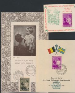 Koningshuis, 6 documenten met zegels zoals N° 447/448 en N° 453, documenten zoals Expo 58, Belgische-Zweedse betrekkingen, eerste internationale postzegelbeurs te Oostende enz…, zm