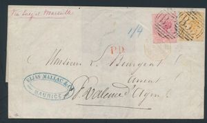 1876 envelop naar Valence d'Agen, Frankrijk, met QV 4d roze en 1/- oranje, beide gestempeld met 