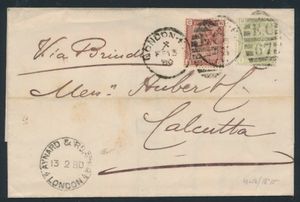 1880 N° 153 + 166 (S.G.), brief van Londen naar Calcutta, INDIA voorzien van een QV 4d saliegroen Plaat 16 (cat. waarde vanaf £600 op de brief) samen met een 1d Venetiaans rood uit de uitgifte van 1880, doorvoer- en aankomststempels op de achterzijde, in zeer goede algehele staat en een ongebruikelijke brief, zm