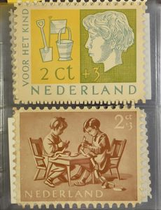 1953/1997 Kinderbedankkaarten in album, verzameling met veel dubbels w.o. 1954 (2x), zm
