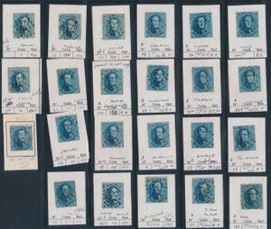 N° 14 (36x) en 15 (40x) stempel samenstelling, zowel balk- als puntafstempelingen, alle omschreven, mooi geheel voor aanvullen collectie, zm (OBP €300)